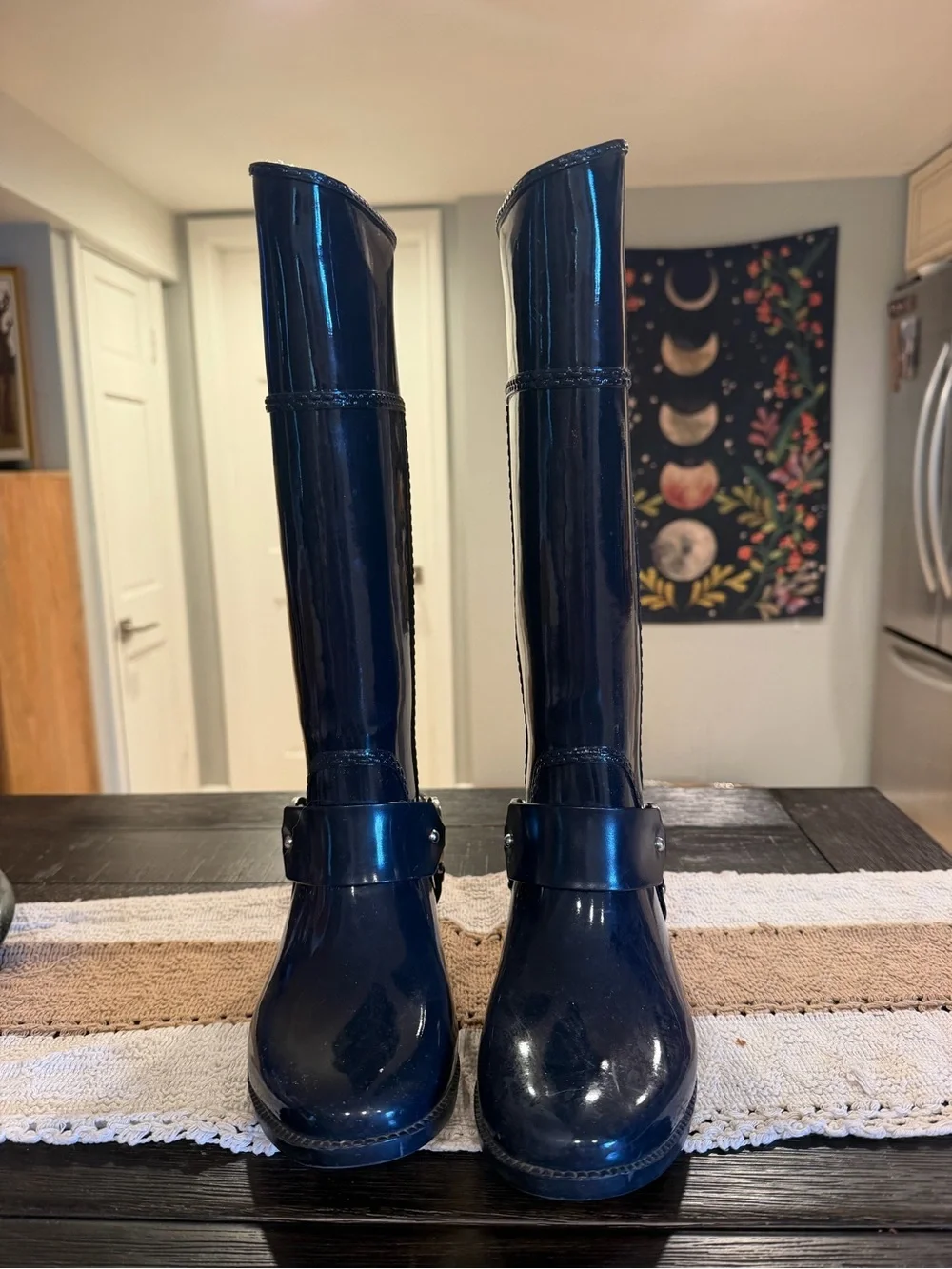 Michael Kors Glossy Navy Knee-High Rain Boots with MK Emblem